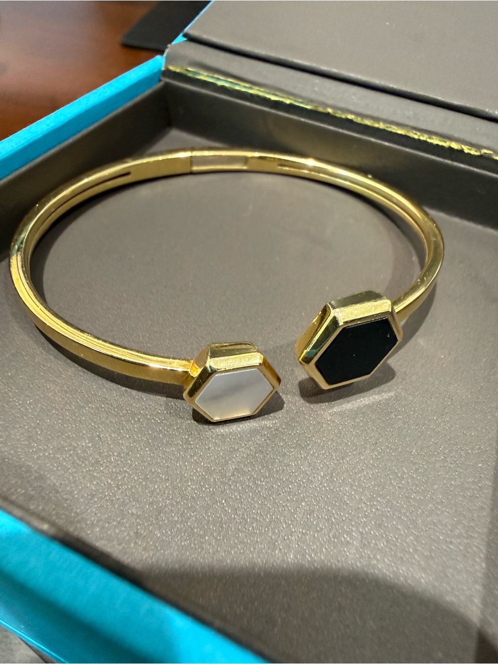 Maison Birks 18k Gold Hexagon Open Bangle Bracelet with Black and White Accents